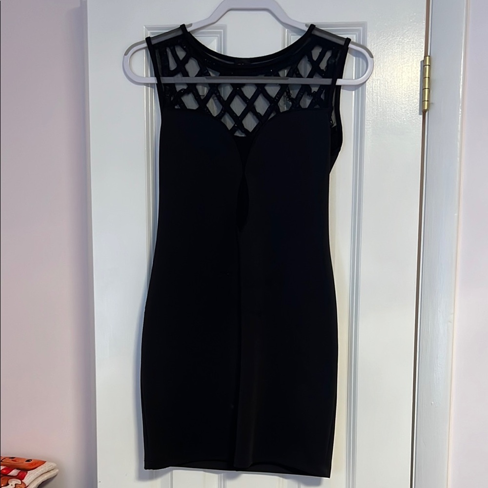 2B Bebe Black Mini Dress with Lattice Neckline